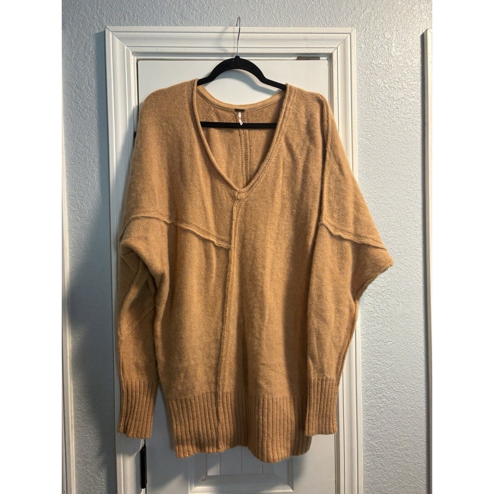 Free People 100% Cashmere Sweater Womens Medium Camel Tan Oversized V-Neck Tunic